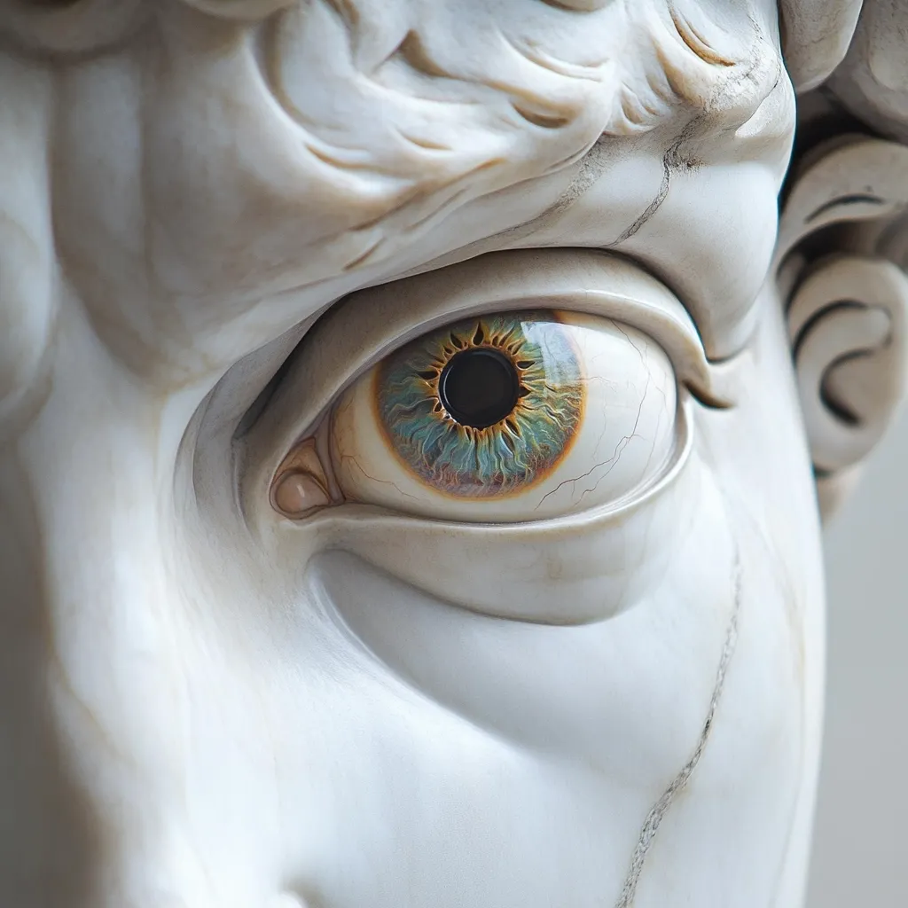 A close-up shot reveals a meticulously sculpted eye, seemingly from a marble statue.  The detail is striking; the iris displays intricate teal and brown patterns, contrasting with the smooth, off-white stone.  Subtle cracks in the marble suggest age and weathering, adding to the realism and artistry. The overall effect is one of intense detail and compelling realism within a classical sculptural form.