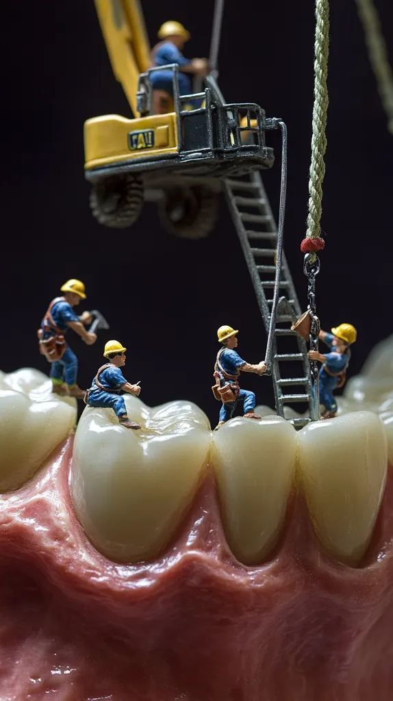 Miniature construction workers, wearing hard hats and blue overalls, work on a model of a human jaw.  A tiny yellow CAT excavator and ladder are used in the process.  The workers appear to be installing or repairing teeth, creating a whimsical and detailed scene.  The image is a creative juxtaposition of construction and dentistry.
