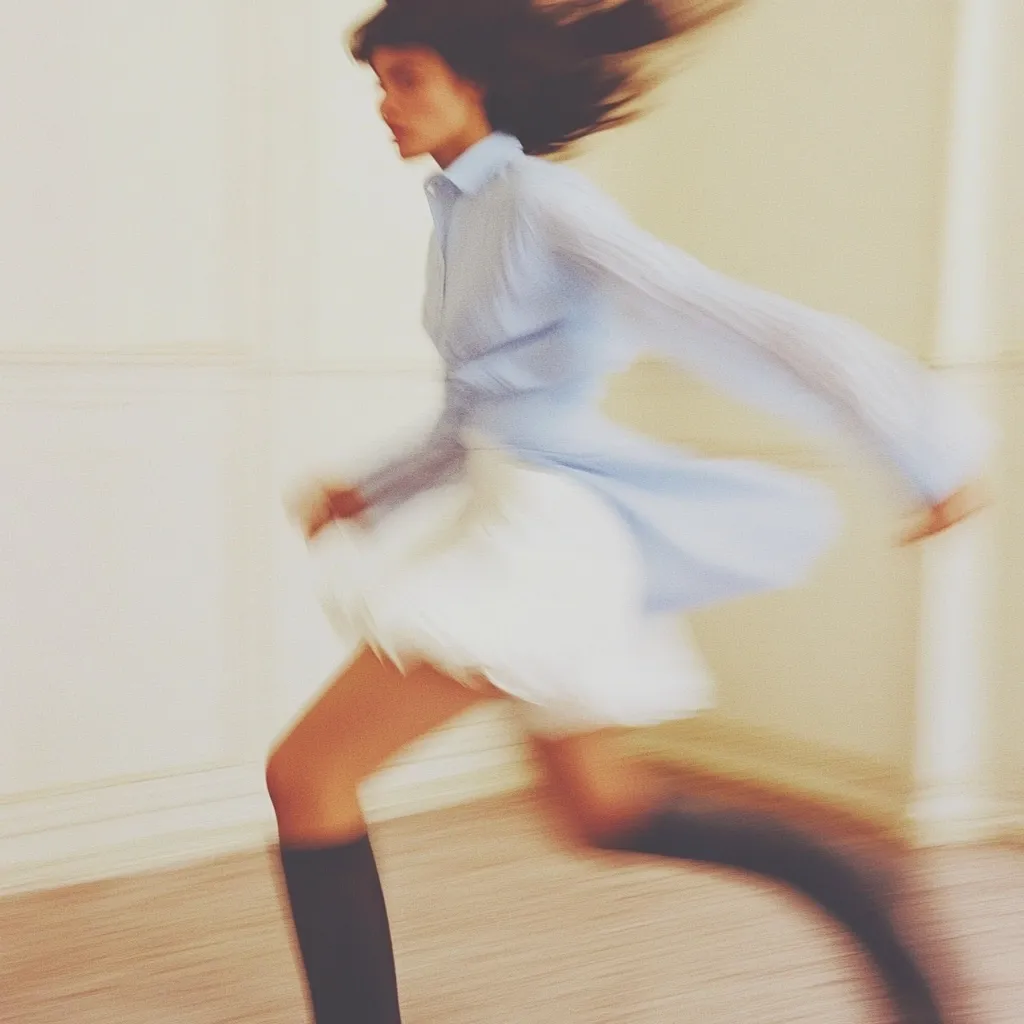 A motion-blurred photograph captures a young woman in mid-run.  She wears a light blue, loose-fitting shirt and a white pleated skirt.  Her dark hair flows behind her as she moves dynamically across a light-colored interior space. The image emphasizes movement and energy, with the subject's form rendered in a soft, impressionistic style.