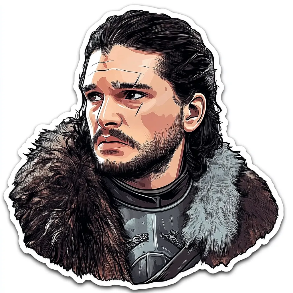 A stylized portrait of Jon Snow from Game of Thrones.  He's depicted from the chest up, wearing a fur-lined collar and dark armor. His dark hair is long and slightly tousled.  The art style is a vibrant, slightly comic-book-esque rendering with a focus on bold lines and shading.  A scar is visible on his cheek.  The image is presented as a sticker or decal.