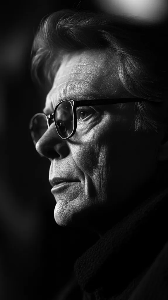 A black and white close-up profile shot of an older person with short, slightly tousled hair and glasses.  The lighting is dramatic, highlighting the texture of their skin and the lines etched by time. Their expression is contemplative, their gaze directed slightly away from the camera. The focus is sharp on their face, gradually softening into shadow towards the background.  The subject appears to be wearing a dark, textured scarf or collar.