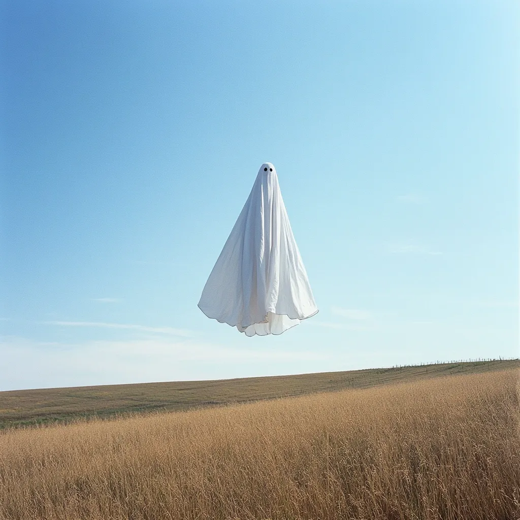 A minimalist image depicts a white sheet, resembling a ghost, floating in the sky above a vast, golden field under a clear blue sky.  The simple composition creates a surreal and slightly eerie atmosphere. The ghost-like figure is centrally positioned, emphasizing its isolation against the expansive landscape.