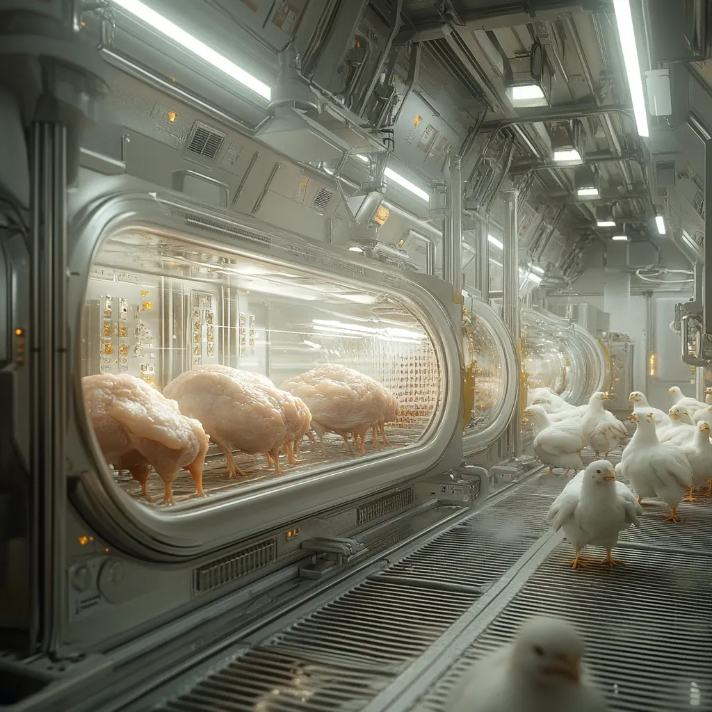 A futuristic, sterile facility houses rows of transparent chambers containing rows of chickens seemingly grown for meat.  The chickens appear abnormally large and pale.  Outside the chambers, live chickens stand, a stark contrast to their processed counterparts. The overall scene is unsettling and suggests a highly mechanized, possibly unethical, approach to food production.
