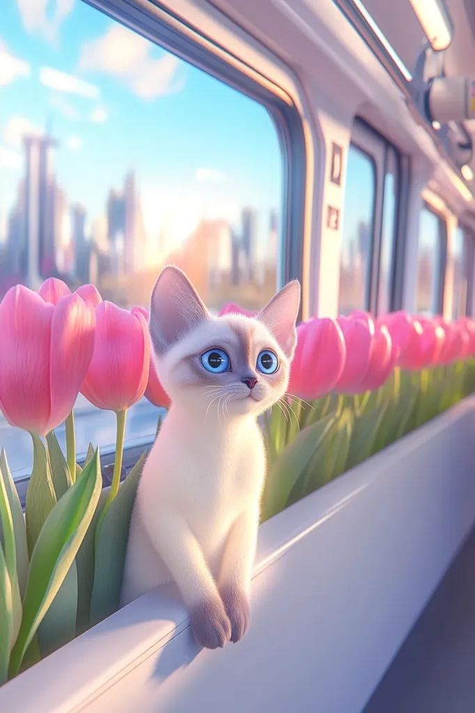 A fluffy white kitten with bright blue eyes sits on a windowsill inside a train.  Pink tulips are planted along the window, their stems and leaves visible beside the cat.  A cityscape is visible through the train window, blurred by the soft, pastel lighting. The scene is serene and whimsical, with a focus on the adorable kitten and the vibrant flowers.