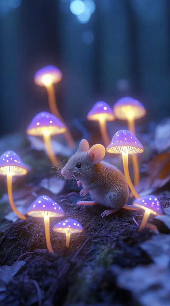 A small, light brown mouse sits amidst a cluster of glowing purple mushrooms in a dark forest.  The mushrooms emit a soft, ethereal light, illuminating the mouse and the surrounding forest floor.  The scene is magical and whimsical, evoking a sense of fantasy and wonder. The mouse appears curious and calm in its enchanting environment.