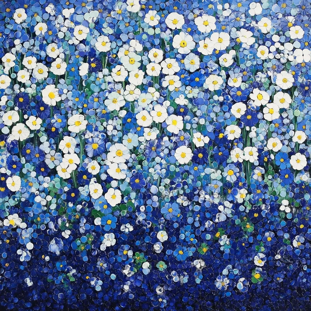 A vibrant painting depicts a dense field of flowers.  Predominantly blue and white, the artwork features numerous small blue blossoms interspersed with larger, white daisies.  The impasto technique creates a textured, almost three-dimensional effect. The colors are bright and cheerful, creating a sense of springtime abundance. The overall composition is a dense, joyful burst of color and texture.