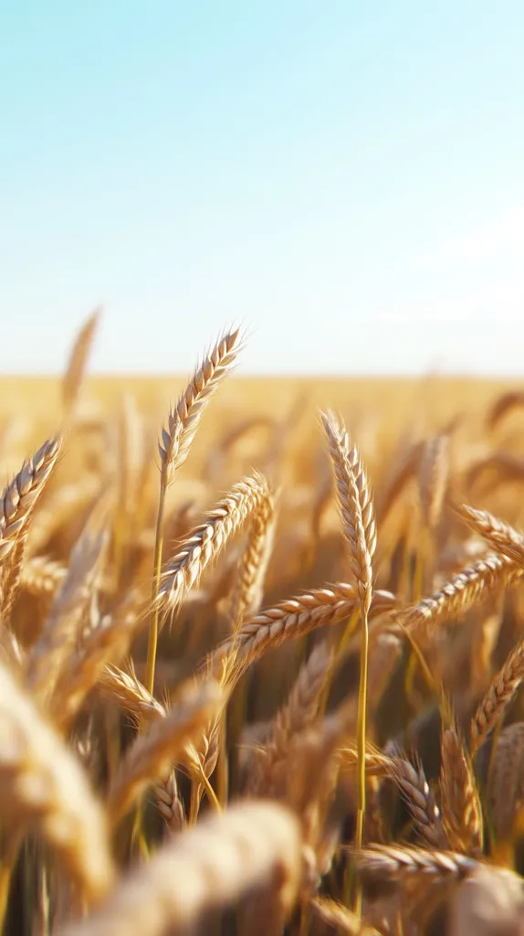 Golden wheat stalks stand tall in a sunlit field under a clear blue sky.  The focus is on a few prominent stalks in the foreground, their ripe grains gleaming.  The background is a blurred expanse of similar wheat, creating a tranquil and idyllic harvest scene.  The overall image evokes feelings of abundance and warmth.