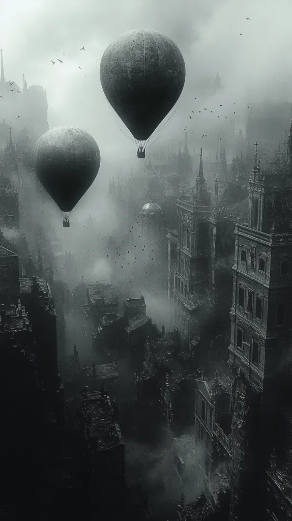 Two hot air balloons drift over a city shrouded in fog.  The city appears old and dilapidated, with gothic-style architecture partially obscured by mist and decay.  Birds fly in the distance, adding to the somber and atmospheric scene. The monochromatic palette emphasizes the bleakness and mystery of the setting.  The overall impression is one of desolation and a bygone era.