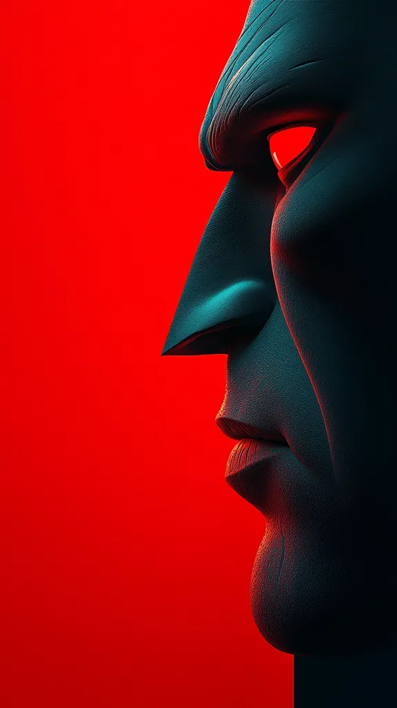 A stylized profile of a Batman-like figure is set against a vibrant red background.  The dark, textured mask and face are sharply defined, highlighting the character's stern expression and prominent features.  The image uses dramatic lighting, emphasizing the contrast between the dark figure and the bright red backdrop.  The overall aesthetic is gritty and cinematic.