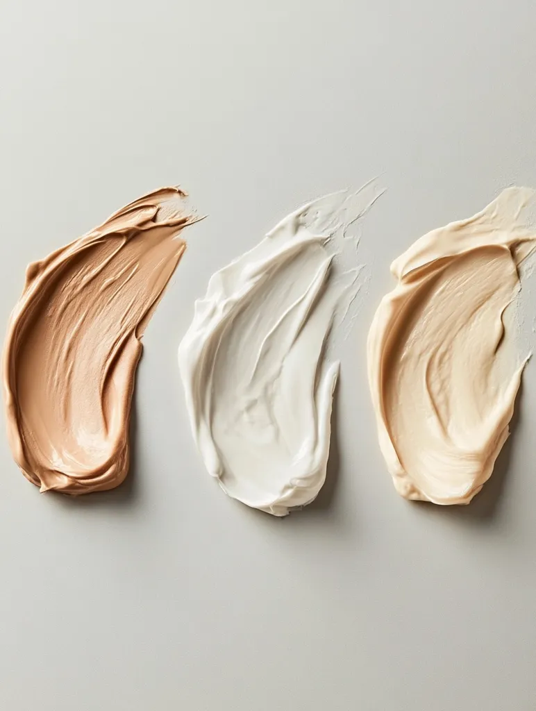 Three swatches of creamy cosmetic products are displayed on a light gray background.  The swatches are arranged vertically, showcasing a light brown, off-white, and a medium brown shade.  The textures appear smooth and luxurious, suggesting skincare or makeup products.  The image emphasizes the creamy consistency and subtle color variations.