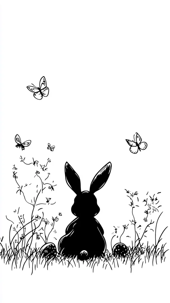 A black silhouette of a rabbit sits in tall grass, facing away from the viewer.  Small flowers and several butterflies are scattered around it, creating a peaceful, nature-themed scene. The style is simple and elegant, with clean lines and minimal detail.  The overall impression is one of quiet contemplation.