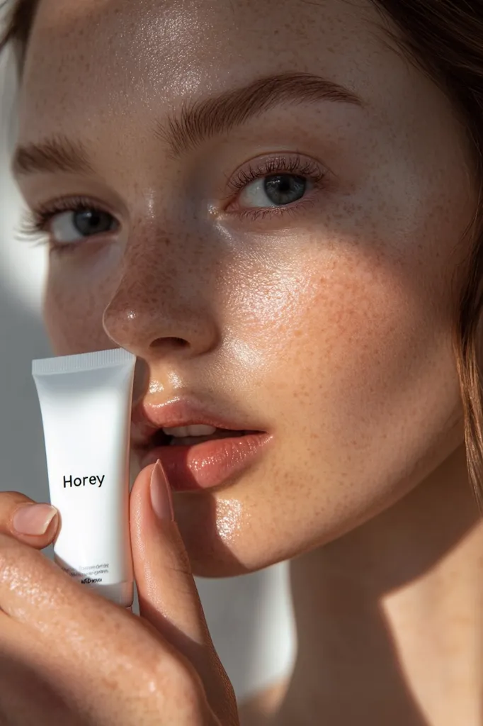 Close-up of a young woman with freckles and glowing skin.  She holds a small tube of Horey skincare product near her lips.  Sunlight casts shadows across her face, highlighting her natural beauty and the dewy texture of her skin. The image emphasizes skincare and natural beauty.