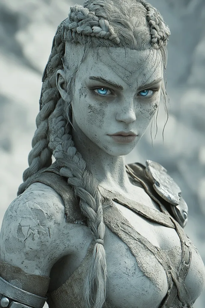 A digital rendering of a female warrior, seemingly made of stone or ash. Her skin is textured, appearing weathered and scarred, contrasting with her striking ice-blue eyes.  She wears a braided hairstyle and simple, rugged attire suggesting a harsh environment. Her intense gaze and determined expression convey strength and resilience. The overall aesthetic is evocative of fantasy or mythology.