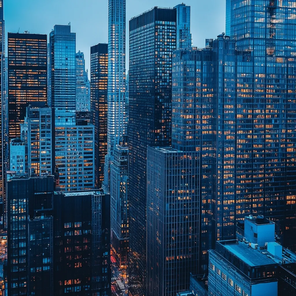 A breathtaking, high-angle view of a dense cityscape at twilight.  Numerous skyscrapers, predominantly dark blue and glass, rise towards the sky, their windows glowing with warm interior lights.  The image conveys a sense of urban density and the vibrancy of a city at night.  The buildings vary in height and architectural style, creating a complex and captivating skyline.