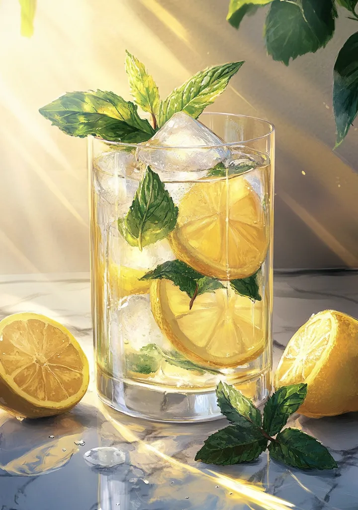 A refreshing glass of lemonade sits on a marble surface, bathed in warm sunlight.  Ice cubes and lemon slices are visible within the drink, garnished with fresh mint leaves.  Two lemon halves lie nearby, enhancing the vibrant yellow and green hues of the image. The overall aesthetic is bright, clean, and evokes a feeling of summer refreshment.