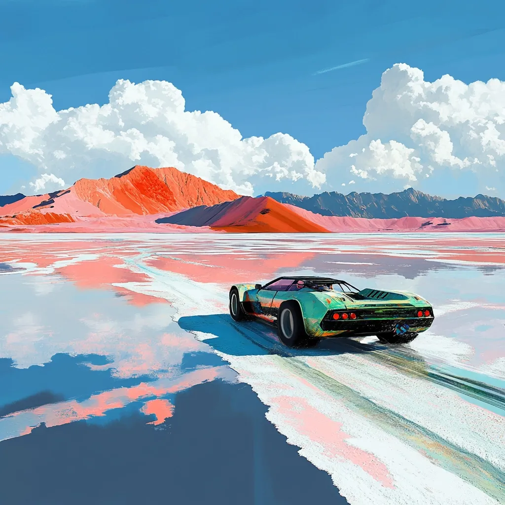 A teal vintage sports car drives across a surreal, flat landscape.  The land is a vibrant mix of pink and blue, reflecting the car's trail.  In the background, bright orange and pink mountains rise under a partly cloudy sky. The overall impression is one of vibrant, dreamlike scenery.