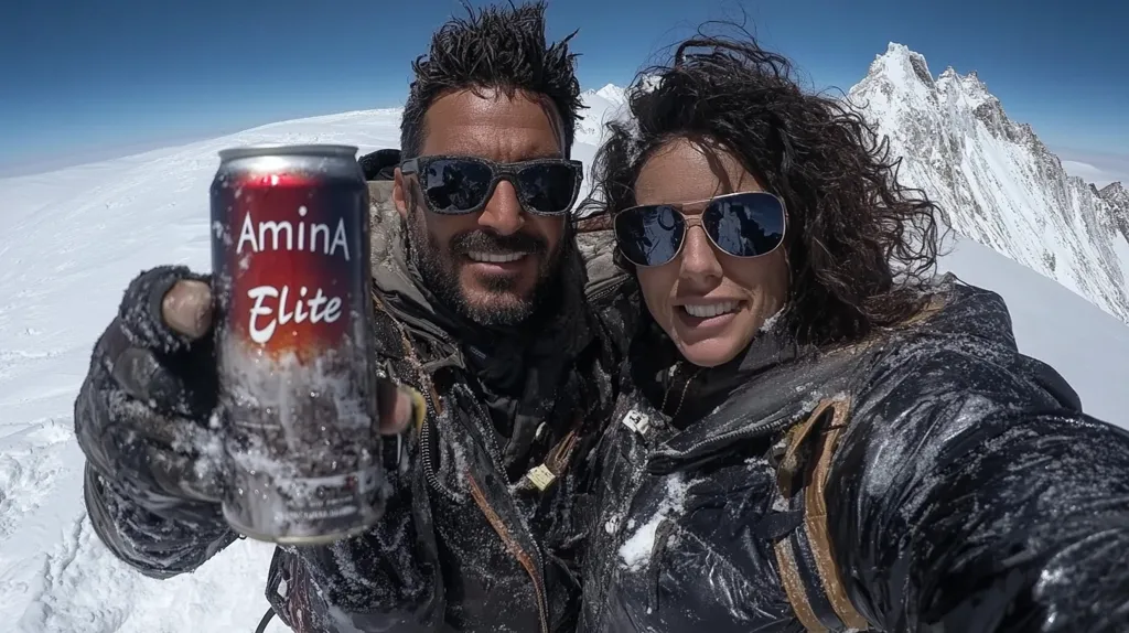 A couple celebrates their summit achievement on a snow-covered mountain peak.  The man holds a can of Amina Elite, while both wear sunglasses and winter jackets dusted with snow.  The majestic, snow-capped mountain range forms a stunning backdrop to their selfie.  Their smiles convey a sense of accomplishment and joy in their extreme adventure.
