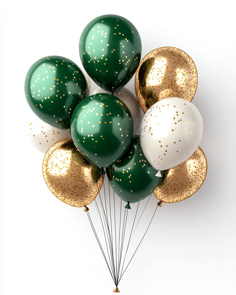 A cluster of nine balloons in shades of gold and green, adorned with gold confetti, floats against a white background.  The balloons are glossy and appear to be filled with helium.  They are tied together with black strings converging at a single point. The arrangement is elegant and festive, suggesting a celebratory occasion.