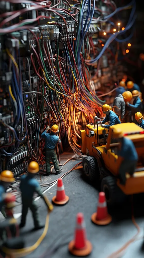 Miniature figures of construction workers in hard hats are meticulously untangling a complex mass of colorful wires.  A small yellow construction vehicle is present.  The scene is highly detailed, resembling a complex electrical system or network needing repair.  Orange traffic cones are scattered around the base, suggesting a work zone. The image is a striking visual metaphor for the intricate challenges of large-scale infrastructure projects.