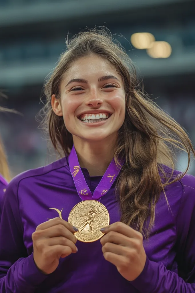 A young woman with long brown hair beams, showcasing a gold medal around her neck.  She's wearing a purple sweatshirt and holds the medal with both hands, her radiant smile reflecting her triumph. The medal's design is partially visible, suggesting a sporting achievement of significant accomplishment. The background is blurred, focusing attention on the athlete's joyful expression and her hard-earned reward.