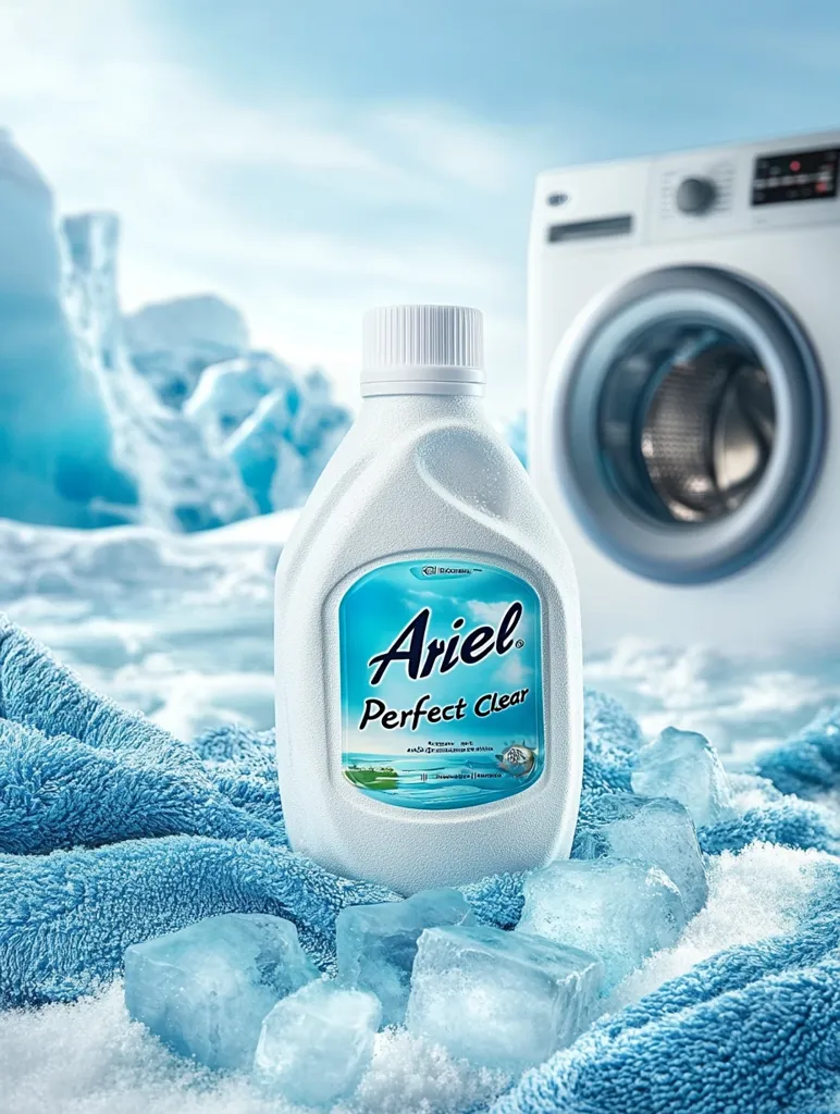 A bottle of Ariel Perfect Clear laundry detergent sits on a frosty, icy surface next to a blurred washing machine.  Ice cubes surround the bottle, which is white with blue accents.  A soft blue towel is draped near the detergent, suggesting freshness and cleanliness. The background features an icy landscape, reinforcing the theme of purity and cold-washing.