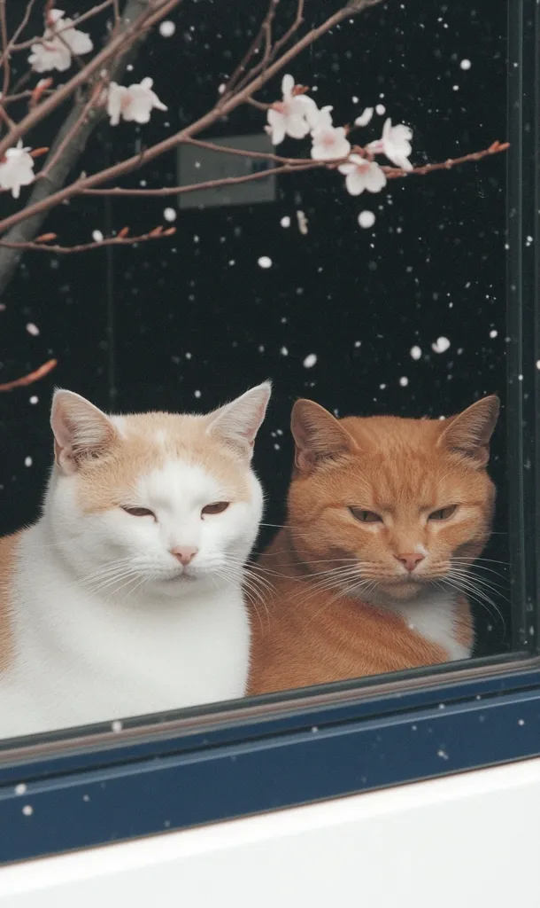 Two cats sit side-by-side, gazing out a window.  A cream and white cat is on the left, while an orange tabby is on the right.  Snow lightly falls outside, and delicate white blossoms from a branch are visible against a dark background. The cats appear calm and observant, framed by the window's dark blue trim. The overall scene is peaceful and serene.