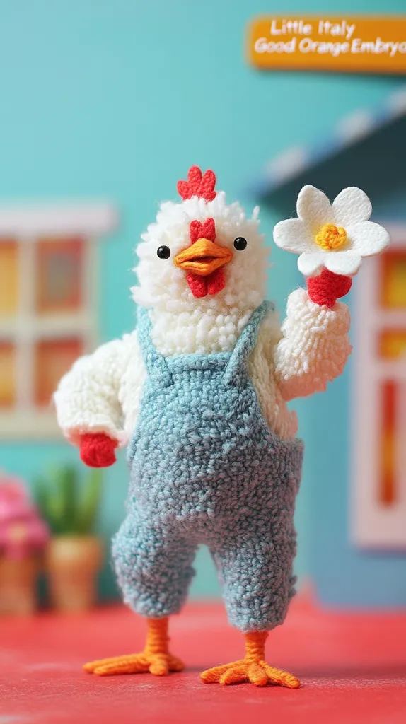 An adorable crocheted chick stands on a red surface, holding a white flower.  It's dressed in light blue overalls and features a fluffy white body with orange feet and beak. The backdrop is a blurred scene of a pastel blue wall and small houses, creating a charming and whimsical setting. The overall style is cute and playful.