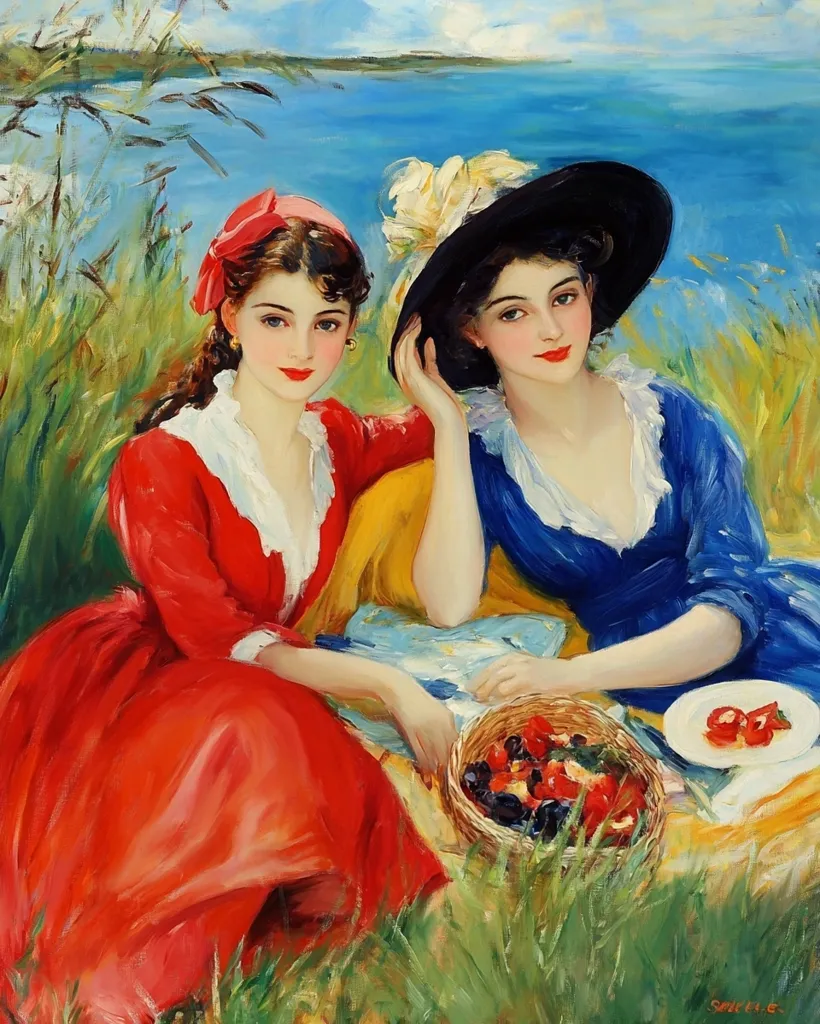 Two young women, dressed in vibrant red and blue dresses, are depicted in a picturesque seaside setting.  Seated amidst lush green grass, they share a picnic basket filled with ripe fruit. The woman in red wears a red headband, while her companion sports a wide-brimmed black hat adorned with white flowers.  The scene exudes a feeling of carefree summer leisure.  The artist's brushstrokes are loose and expressive, capturing the light and movement of the day.