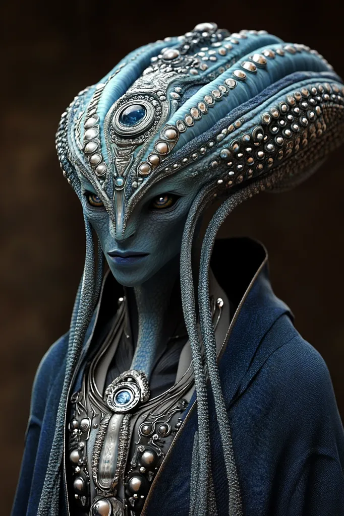 A striking digital rendering depicts an alien female with vibrant blue skin.  Her elaborate headpiece and ornate silver jewelry are intricately detailed, featuring numerous pearls and a central blue gemstone.  The creature's large, expressive eyes and serene expression convey a sense of otherworldly wisdom and grace.  She is adorned in a dark blue robe, complementing her ethereal features. The image showcases exceptional detail and artistry.