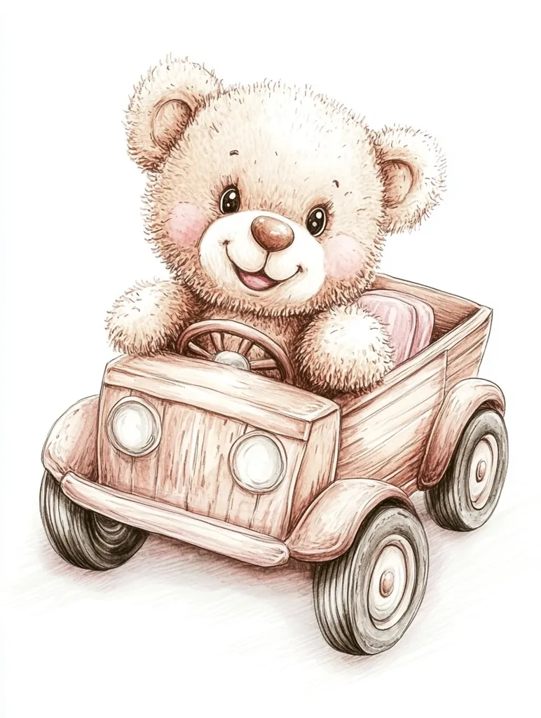 A charming illustration depicts a teddy bear happily driving a vintage-style wooden car. The bear, with rosy cheeks and a cheerful expression, grips the steering wheel. The car is detailed with wood grain texture and classic features.  The sepia-toned drawing creates a nostalgic and endearing image, perfect for children's books or nursery decor.