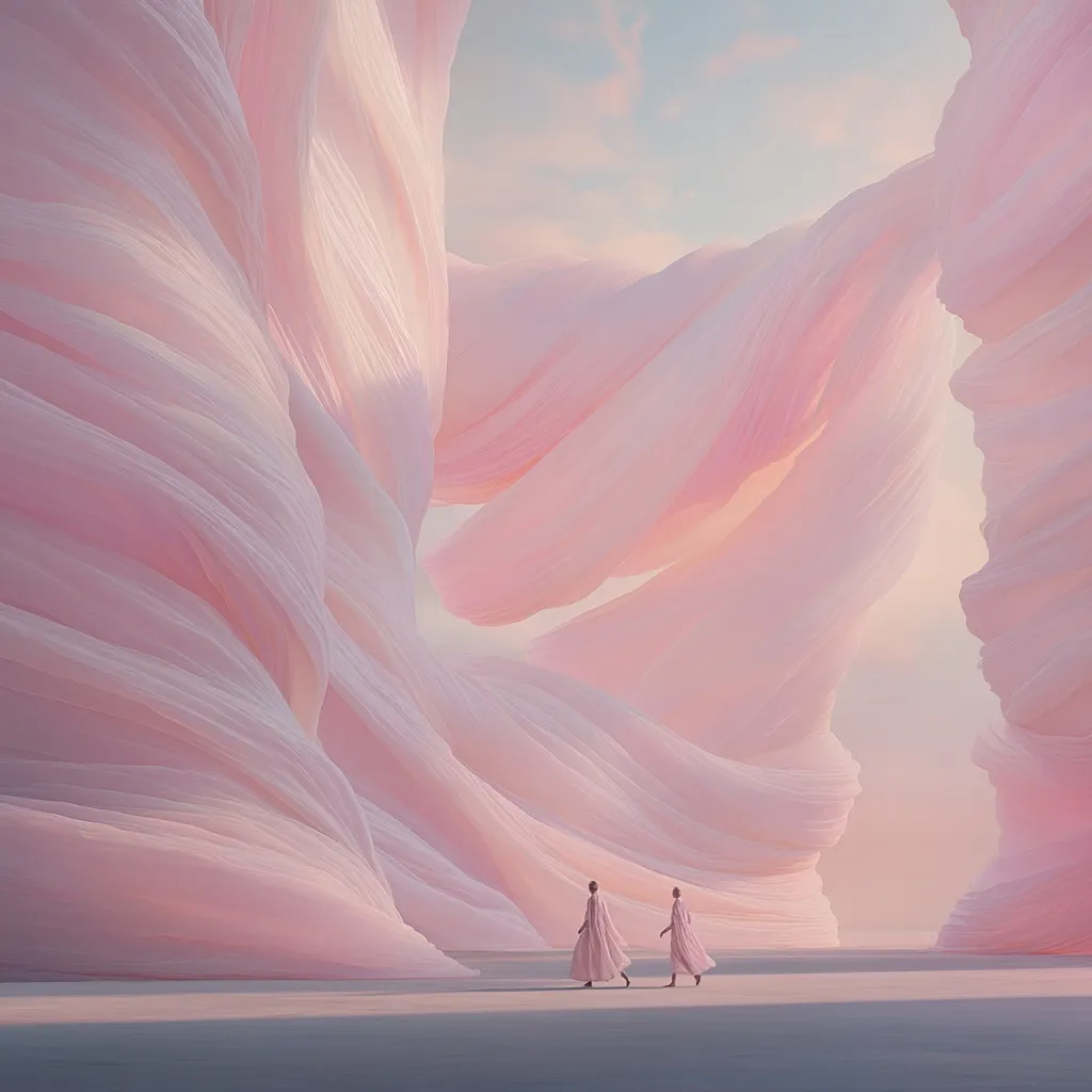 Two figures in long, pale pink robes walk across a surreal landscape.  Towering formations of soft, pink fabric-like material dominate the scene, creating a dreamlike and otherworldly atmosphere under a pale sky.  The overall palette is soft and gentle, conveying a sense of serenity and mystery.