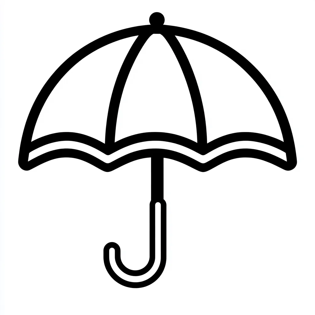 The image is a simple line drawing of an umbrella.  The umbrella has a rounded top and a slightly wavy edge at the bottom.  The handle is a classic J-shape. The style is bold and black against a white background, suggesting a logo or icon.