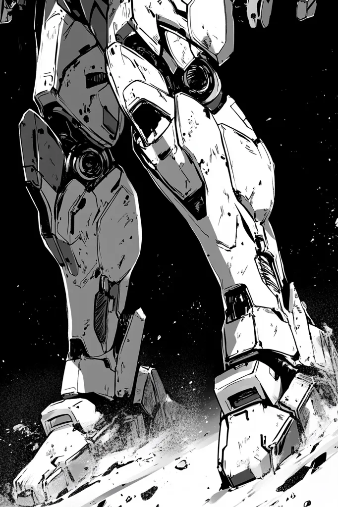 A close-up, black and white illustration depicts the lower legs and feet of a powerful mecha, a giant robot.  The detailed, gritty style emphasizes the machine's worn, battle-scarred exterior.  The mecha stands on a surface resembling dust or powdered rock, suggesting a desolate landscape. The image evokes a sense of weight and power, hinting at a post-apocalyptic or science fiction setting.