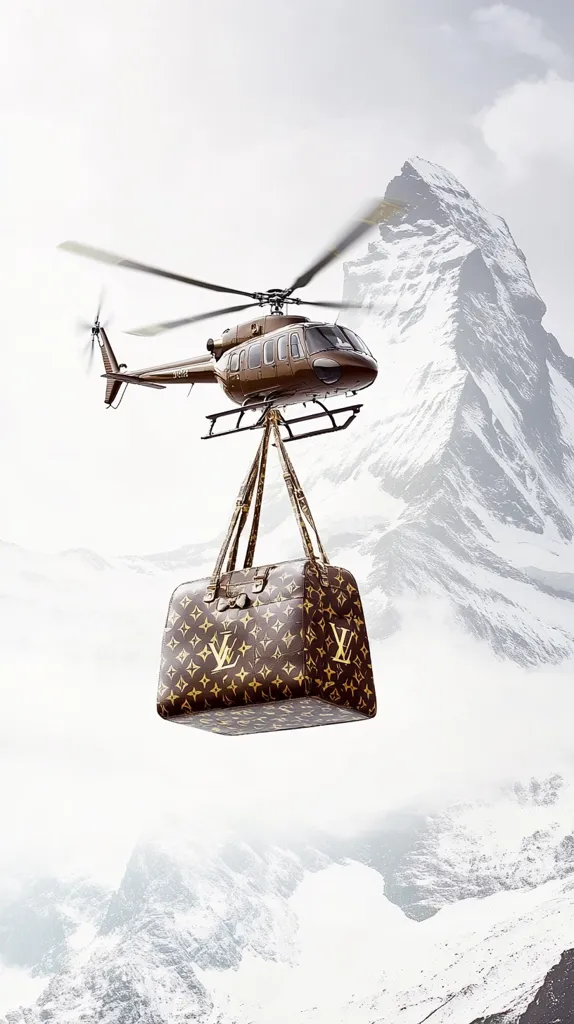 A brown Louis Vuitton handbag is suspended beneath a brown helicopter against a backdrop of snow-capped mountains. The helicopter, seemingly in flight, carries the luxury bag, creating a dramatic and surreal image. The snowy peaks dominate the background, emphasizing the contrast between the high-end product and the rugged, natural landscape. The scene suggests a sense of luxury and adventure.