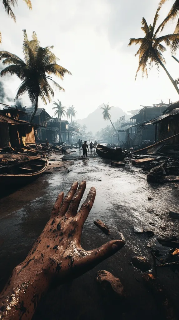 A mud-covered hand reaches out in a desolate, post-disaster scene.  A flooded village, strewn with debris and wrecked buildings, stretches into the distance under a hazy sky.  Palm trees stand amidst the destruction, and a small group of people walk away along a muddy waterway. The image evokes feelings of loss and survival.