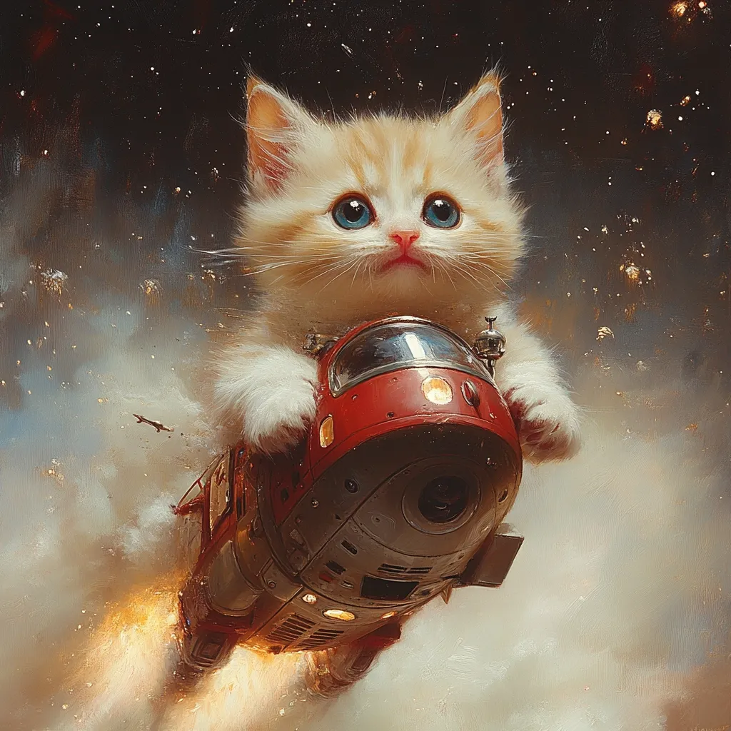 A fluffy, light orange kitten with bright blue eyes sits atop a retro-styled red spaceship, soaring through a star-dusted cosmos.  The spaceship emits a fiery trail as it rockets through space, creating a whimsical and surreal scene. The kitten's serene expression contrasts with the dynamic energy of the interstellar flight.  Small spacecraft are visible in the background, adding depth to the fantastical artwork.