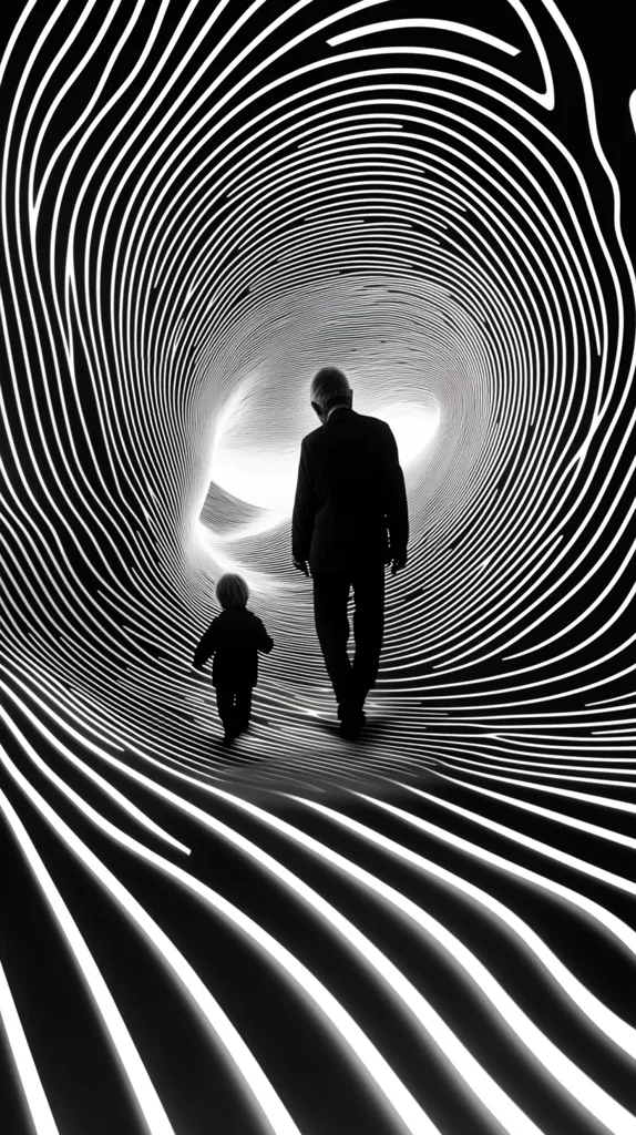 A black and white photograph shows an adult and child walking down a tunnel with swirling, luminous white lines on the walls and floor.  The figures are silhouetted against the bright lines, creating a dramatic contrast.  The tunnel's design is mesmerizing and creates a sense of depth and movement. The overall mood is one of mystery and intrigue.