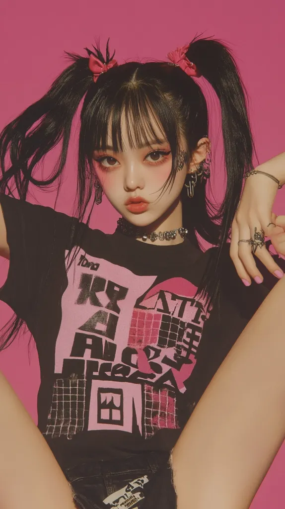 A young woman with dark hair styled in high pigtails adorned with pink bows poses against a vibrant pink backdrop.  She sports a black graphic tee with pink accents and wears various silver jewelry. Her makeup features bold blush and eyeliner, complementing her edgy, playful style.  The overall aesthetic is vibrant, modern, and slightly rebellious.