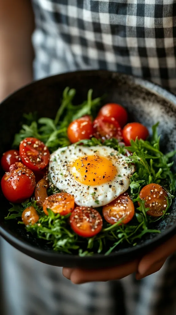 A dark bowl holds a vibrant salad featuring a perfectly fried egg nestled amongst a bed of arugula and halved cherry tomatoes.  The egg yolk is golden and glistening, seasoned with black pepper.  The tomatoes are speckled with seasoning, adding visual interest to the healthy and appetizing meal.  The bowl is held by hands, showcasing the simple yet delicious dish.