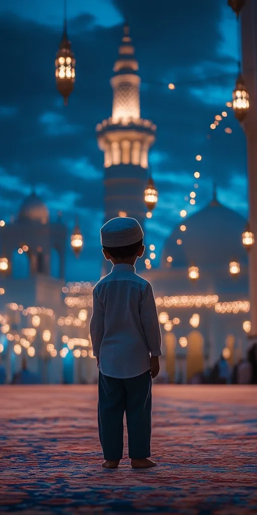 A young boy, wearing a traditional Muslim cap and clothing, stands with his back to the camera inside a beautifully lit mosque.  The majestic minaret glows in the twilight, surrounded by warm-toned lanterns.  The scene evokes a sense of peace and serenity, focusing on the child's contemplative posture. The atmosphere is calm and reverent.