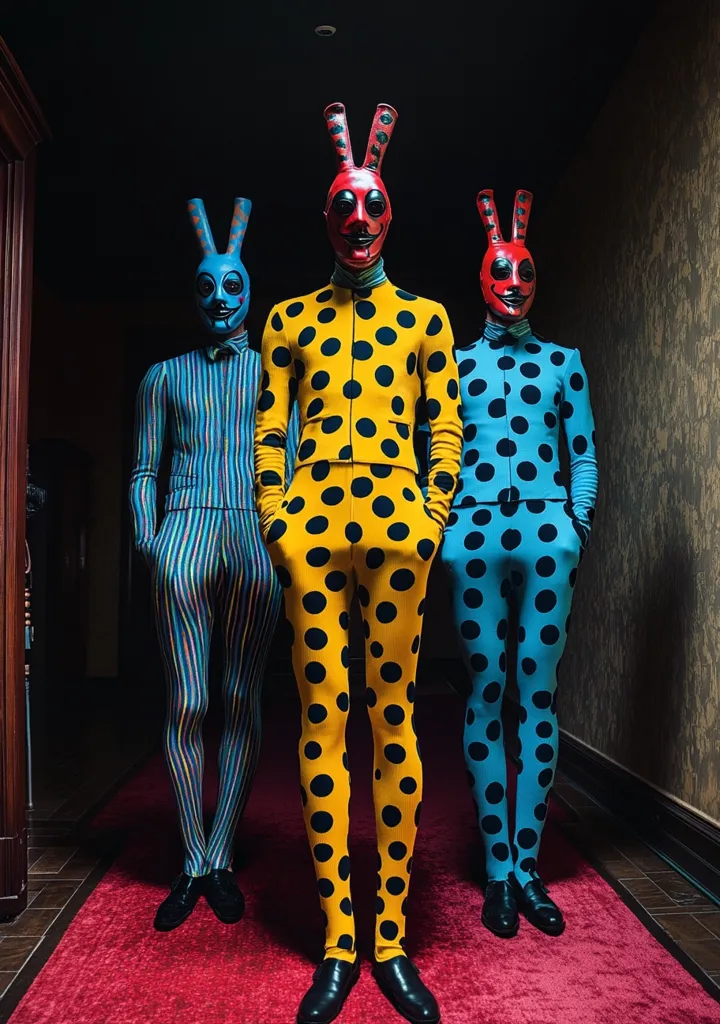 Three figures in colorful, patterned jumpsuits stand in a hallway.  Each wears a mask with long, bunny-like ears.  The central figure's suit is yellow with black polka dots, flanked by figures in blue polka dot and multicolored striped suits. The setting is dark and dramatic, with a red carpet beneath them.  The overall aesthetic is striking and surreal.