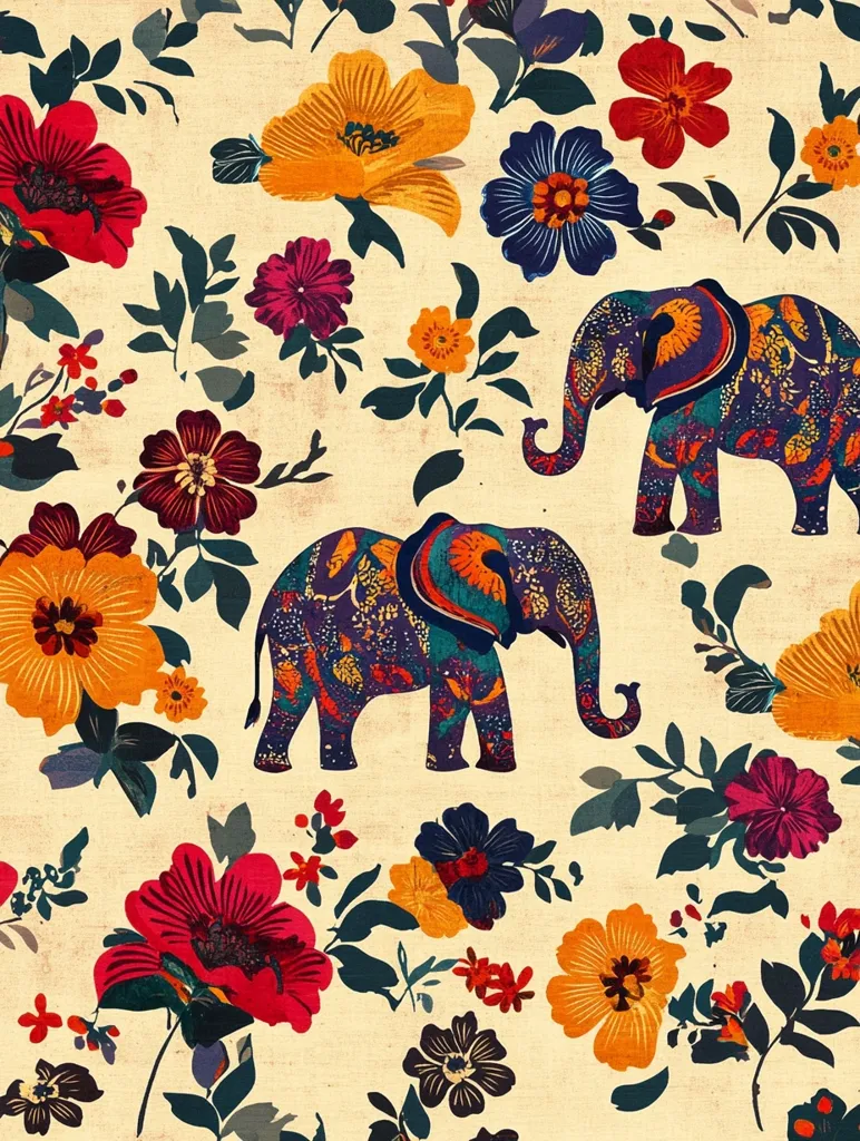 A vibrant floral pattern in rich jewel tones features two intricately designed elephants.  The elephants are adorned with paisley-like details in shades of purple, teal, and orange, contrasting beautifully against the cream background.  The floral elements include large, bold blooms in reds, oranges, and purples, interspersed with smaller flowers and leafy foliage, creating a lush, exotic aesthetic. The overall style suggests a bohemian or Indian-inspired textile design.