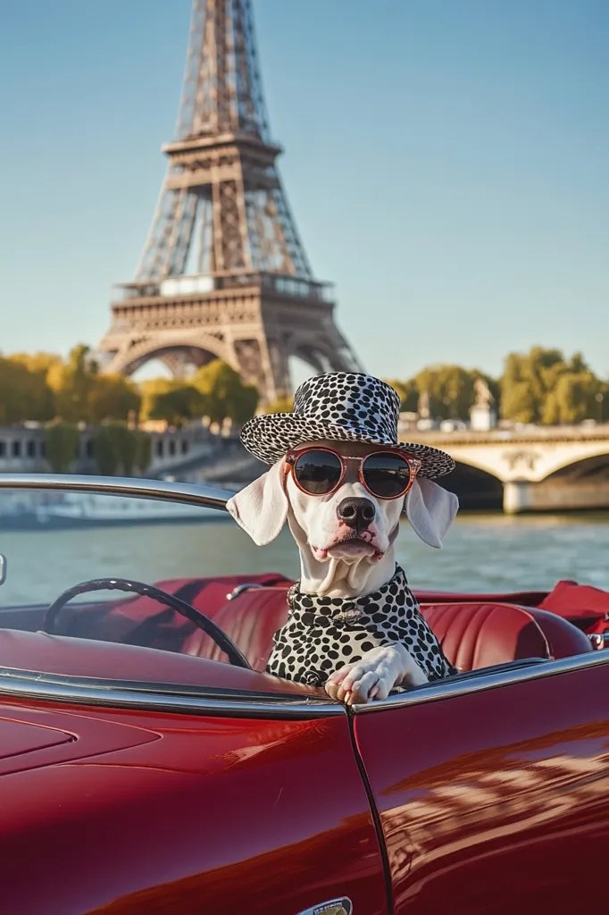 A Dalmatian dog, wearing stylish sunglasses and a spotted hat, sits in a red convertible.  The Eiffel Tower is visible in the background, with a Parisian cityscape and river completing the picturesque scene. The dog appears relaxed and sophisticated, enjoying a luxurious ride with iconic Parisian landmarks as its backdrop.