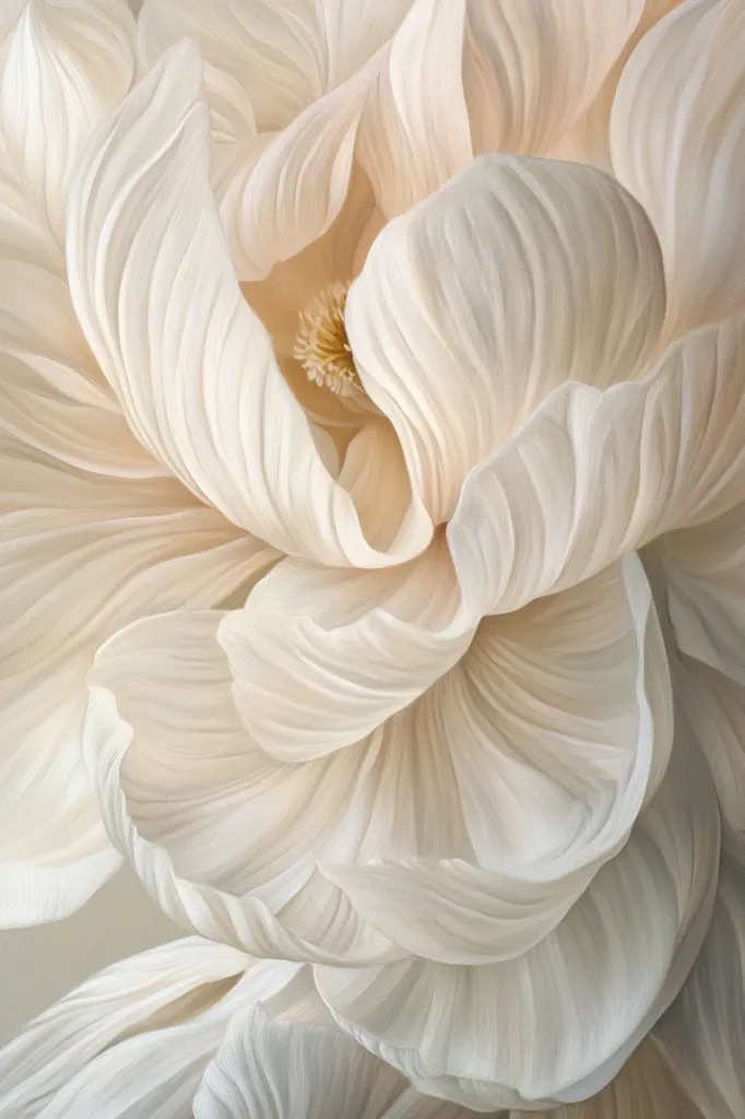 A close-up captures the delicate, creamy petals of a large blossom.  The petals are intricately layered, revealing subtle variations in shade and texture.  Soft, flowing lines create a sense of movement and grace, highlighting the flower's elegant form. The image evokes a feeling of serenity and understated beauty.