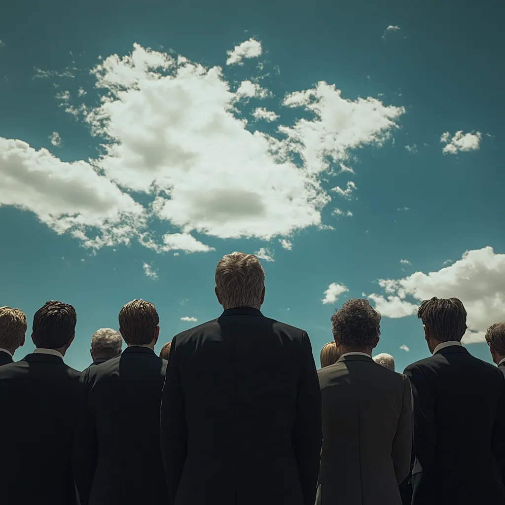 A group of people, predominantly men in business suits, stand with their backs to the camera, gazing upward at a bright, partly cloudy sky.  The scene suggests a moment of contemplation, anticipation, or shared vision.  The vast sky dominates the image, emphasizing a sense of scale and possibility.  The individuals are silhouetted against the light, creating a dramatic and mysterious atmosphere.