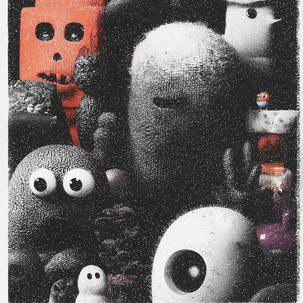 A dark, grainy image depicts a collection of whimsical, textured creatures.  A large, light gray, sock-like figure dominates the center, surrounded by smaller characters including a textured gray blob with large eyes, a small white ghost-like figure, and a red block with a skull face.  Other indistinct shapes and textures complete the crowded scene, creating a mysterious and slightly unsettling mood.  The overall style suggests a children's book illustration with a slightly dark, surreal twist.