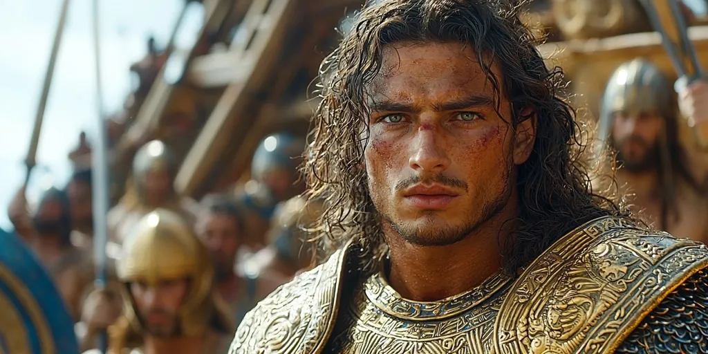 A close-up shot of a man, possibly a warrior, with long, wavy brown hair and a chiseled face.  He wears intricately detailed gold armor, showing signs of battle with dirt and possible scratches on his skin.  The background is blurred, but shows other figures in similar attire, suggesting an army or battle scene.  His gaze is intense and direct.
