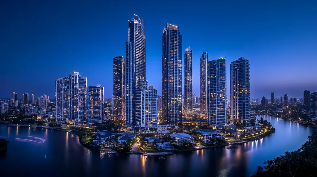 A stunning night-time panorama of a modern city skyline.  Numerous high-rise buildings, illuminated, are clustered together on a peninsula, surrounded by calm, dark water reflecting the city lights. The deep blue twilight sky provides a dramatic backdrop to the urban scene.  Lower buildings and landscaping are visible at the water's edge, completing the picturesque view.