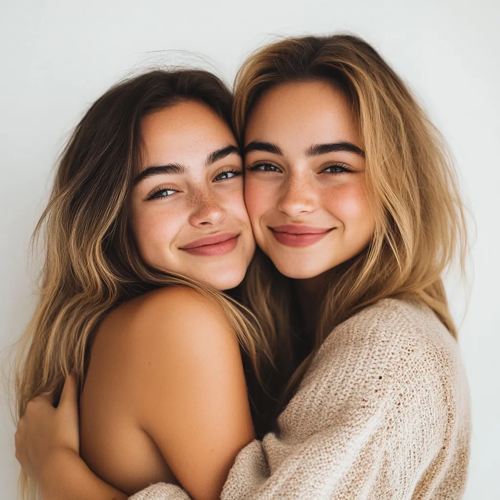 Two young women with long, light brown hair embrace each other.  The woman on the left has freckles and is bare-shouldered. The woman on the right wears a beige knit sweater.  Both have similar features and wear minimal makeup, showcasing natural beauty. They smile warmly at the camera, conveying a sense of sisterhood or close friendship.  The background is a plain white wall.