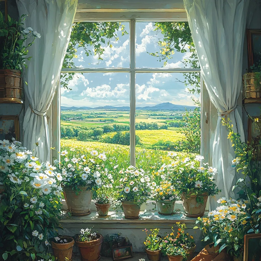 A sunlit window overlooks a picturesque landscape of rolling green hills and golden fields under a partly cloudy sky.  White daisies in terracotta pots adorn the windowsill, complementing the sheer white curtains framing the view. The scene evokes a feeling of serene countryside tranquility, captured in a style reminiscent of impressionistic painting.  The overall ambiance is peaceful and idyllic.